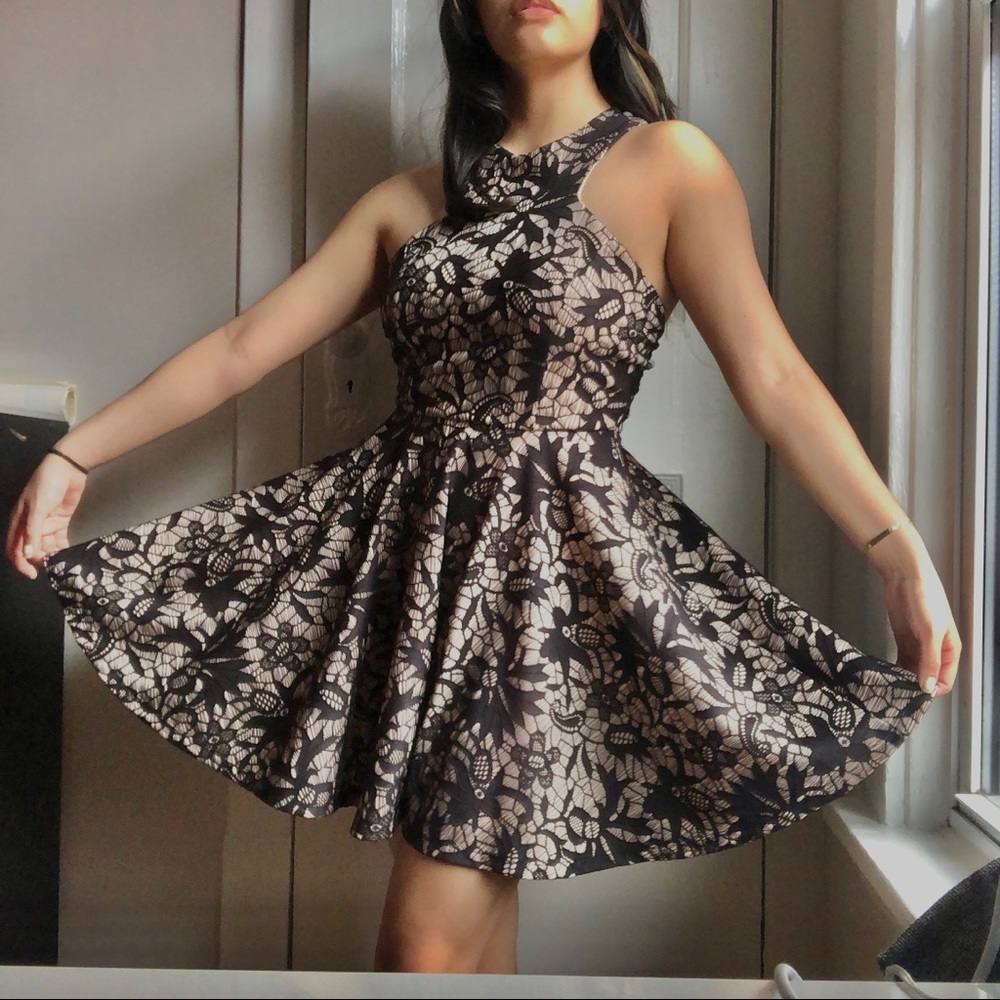 Windsor mock neckline lace patterned Black Dress